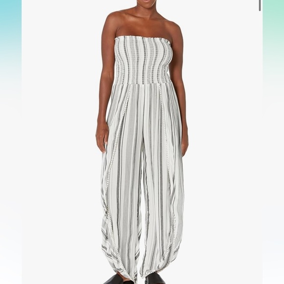 Angie Black and White Strapless Striped Jumpsuit with Flowing Legs - Picture 1 of 13